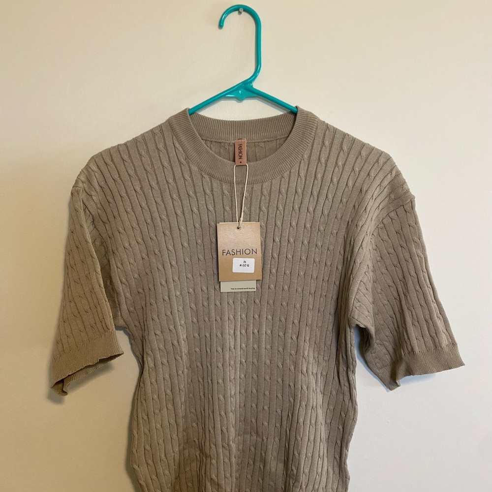 Beige Ribbed Short Sleeve Sweater